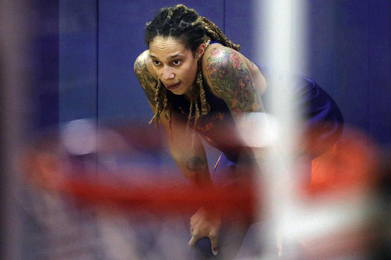 FILE - Phoenix Mercury's Brittney Griner watches during WNBA basketball practice on May 10, 2018, i...