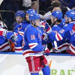 
              New York Rangers' Andrew Copp celebrates with teammates after scoring a goal during the first period of Game 2 of an NHL hockey Stanley Cup first-round playoff series against the Pittsburgh Penguins, Thursday, May 5, 2022, in New York. (AP Photo/Frank Franklin II)
            