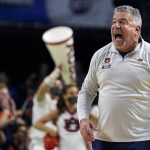 
              Auburn head coach Bruce Pearl yells towards his players during the first half of a college basketball game in the second round of the NCAA tournament against Miami, Sunday, March 20, 2022, in Greenville, S.C. (AP Photo/Brynn Anderson)
            