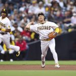
              San Diego Padres third baseman Ha-Seong Kim, right, throws out Miami Marlins' Bryan De La Cruz at first base in the fourth inning of a baseball game as C.J. Abrams, background, looks on, Saturday, May 7, 2022, in San Diego. (AP Photo/Derrick Tuskan)
            