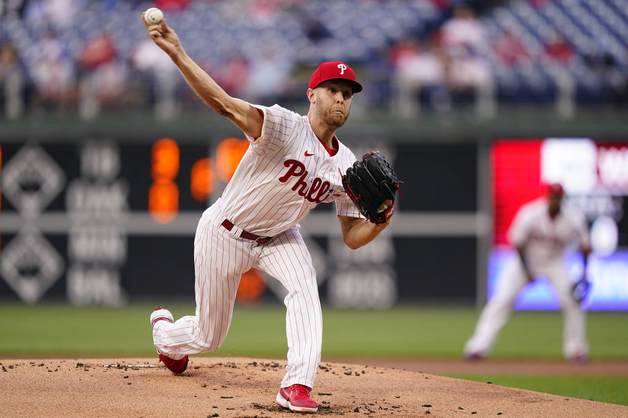 Philadelphia Phillies' Zack Wheeler pitches during the first inning of a baseball game against the ...