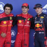 
              From left, second place Ferrari driver Carlos Sainz of Spain, pole position starter Ferrari driver Charles Leclerc of Monaco and third place Red Bull driver Max Verstappen of the Netherlands pose for a photo following qualifying for the Formula One Miami Grand Prix auto race at the Miami International Autodrome, Saturday, May 7, 2022, in Miami Gardens, Fla. (AP Photo/Darron Cummings)
            