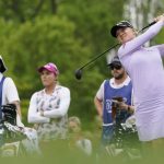 
              Madelene Sagstrom, of Sweden, tees off on the second hole during the third round of the LPGA Cognizant Founders Cup golf tournament, Saturday, May 14, 2022, at the Upper Montclair Country Club in Clifton, N.J. (AP Photo/John Minchillo)
            