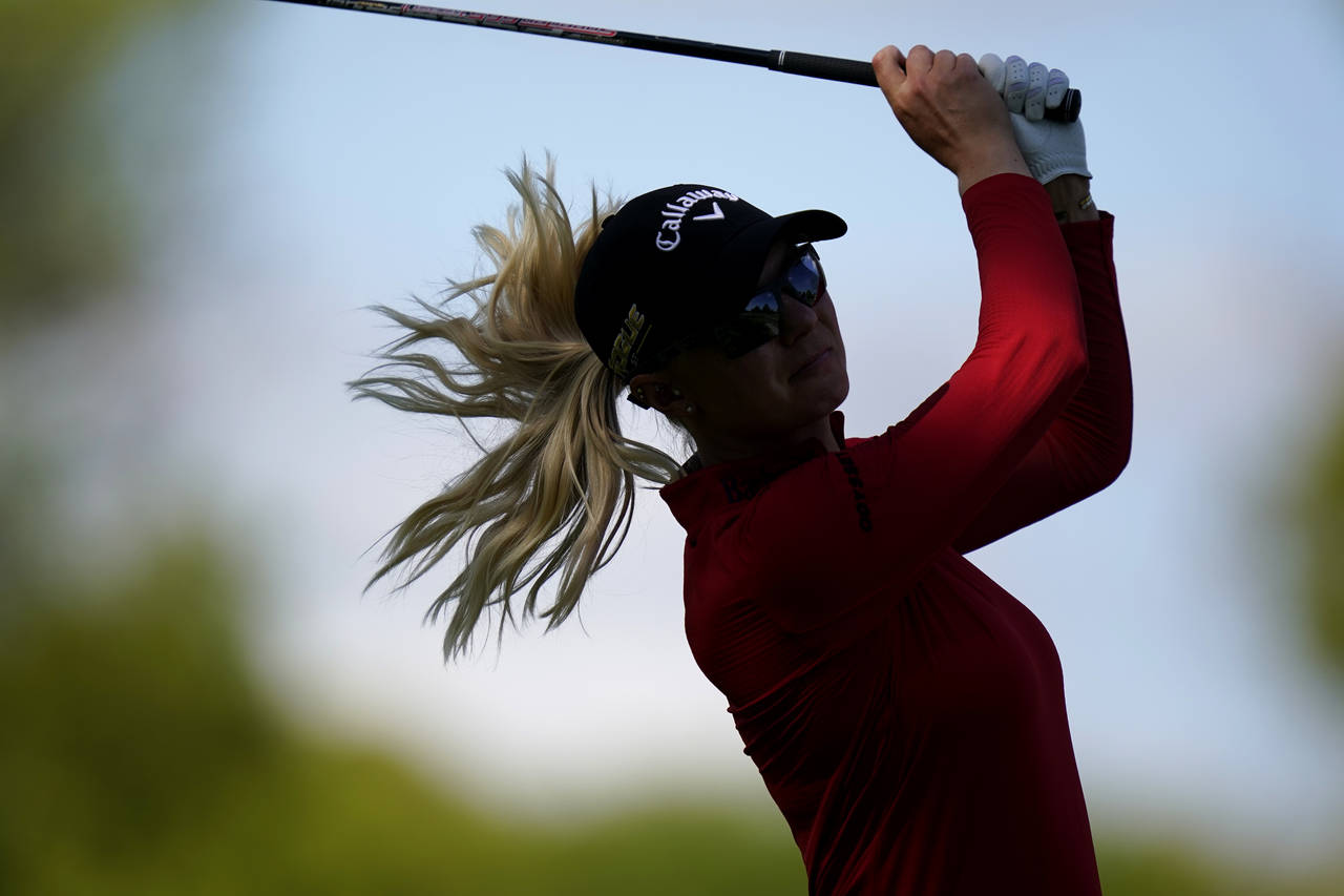 Madelene Sagstrom hits off the 11th tee during the first round of the LPGA Cognizant Founders Cup g...