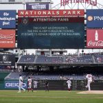 
              A fire alarm was heard, but announced to be a malfunction during the first inning of a baseball game between the Washington Nationals and the New York Mets at Nationals Park, Thursday, May 12, 2022, in Washington. (AP Photo/Alex Brandon)
            