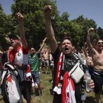 
              Feyenoord fans shout slogans ahead of the Europa Conference League final between Roma and Feyenoord in Tirana, Albania, Wednesday, May 25, 2022. (AP Photo/Franc Zhurda)
            