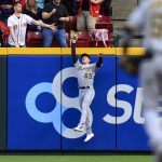 
              Pittsburgh Pirates' Jack Suwinski leaps to makes a catch at the outfield wall on a ball hit by Cincinnati Reds' Colin Moran during the first inning in the second baseball game of a doubleheader in Cincinnati, Saturday, May 7, 2022. (AP Photo/Aaron Doster)
            
