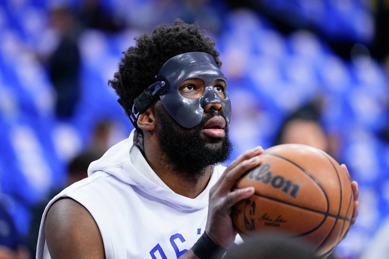Philadelphia 76ers' Joel Embiid warms up before Game 3 of an NBA basketball second-round playoff se...