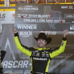 
              Ryan Blaney (12) hold up the first place check while celebrating in Victory Lane after winning the NASCAR All-Star auto race at Texas Motor Speedway in Fort Worth, Texas, Sunday, May 22, 2022. (AP Photo/LM Otero)
            