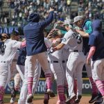 
              Seattle Mariners players surround Ty France after he hit a walk off single to win 2-1 against the Tampa Bay Rays during a baseball game, Sunday, May 8, 2022, in Seattle. (AP Photo/John Froschauer)
            