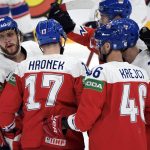
              Czech Republic's David Pastrnak, left, celebrates with teammates from left; Filip Hronek, David Kreijci and Roman Cervenka after scoring during the group B Hockey World Championship match between Norway and the Czech Republic, in Tampere, Finland, Saturday, May 21, 2022. (Jussi Nukari/Lehtikuva via AP)
            