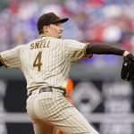 
              San Diego Padres' Blake Snell pitches during the first inning of a baseball game against the Philadelphia Phillies, Wednesday, May 18, 2022, in Philadelphia. (AP Photo/Matt Slocum)
            