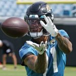
              Jacksonville Jaguars wide receiver Marvin Jones (11) goes through a passing drill during an NFL football practice, Monday, May 23, 2022, in Jacksonville, Fla. (AP Photo/John Raoux)
            
