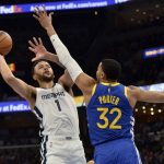 
              Memphis Grizzlies forward Kyle Anderson (1) shoots against Golden State Warriors forward Otto Porter Jr. (32) during Game 1 of a second-round NBA basketball playoff series Sunday, May 1, 2022, in Memphis, Tenn. (AP Photo/Brandon Dill)
            