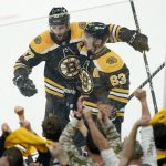 
              Boston Bruins' Patrice Bergeron, top left, celebrates with Brad Marchand, right, after Marchand scored in the third period of Game 4 of an NHL hockey Stanley Cup first-round playoff series against the Carolina Hurricanes, Sunday, May 8, 2022, in Boston. (AP Photo/Steven Senne)
            