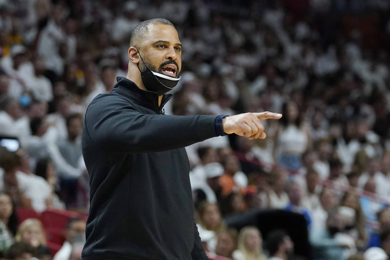 Boston Celtics head coach Ime Udoka gestures during the first half of Game 7 of the NBA basketball ...