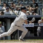 
              New York Yankees third baseman Josh Donaldson (28) makes a swinging strike on a pitch during the third inning of a baseball game against Chicago White Sox, Saturday May 21, 2022, in New York. (AP Photo/Bebeto Matthews)
            