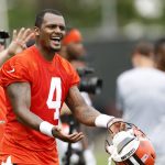 
              Cleveland Browns quarterback Deshaun Watson reacts to a play during an NFL football practice at the team's training facility Wednesday, May 25, 2022, in Berea, Ohio. (AP Photo/Ron Schwane)
            