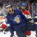 
              Joel Armia of Finland celebrates his game opening goal during the 2022 IIHF Ice Hockey World Championships preliminary round group B match between Finland and Czech Republic in Tampere, Finland, Tuesday, May 24, 2022. (Vesa Moilanen/Lehtikuva via AP)
            