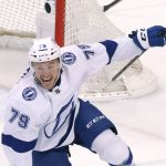 
              Tampa Bay Lightning center Ross Colton celebrates scoring against the Florida Panthers in the closing seconds of Game 2 of an NHL hockey second-round playoff series Thursday, May 19, 2022, in Sunrise, Fla. (AP Photo/Reinhold Matay)
            