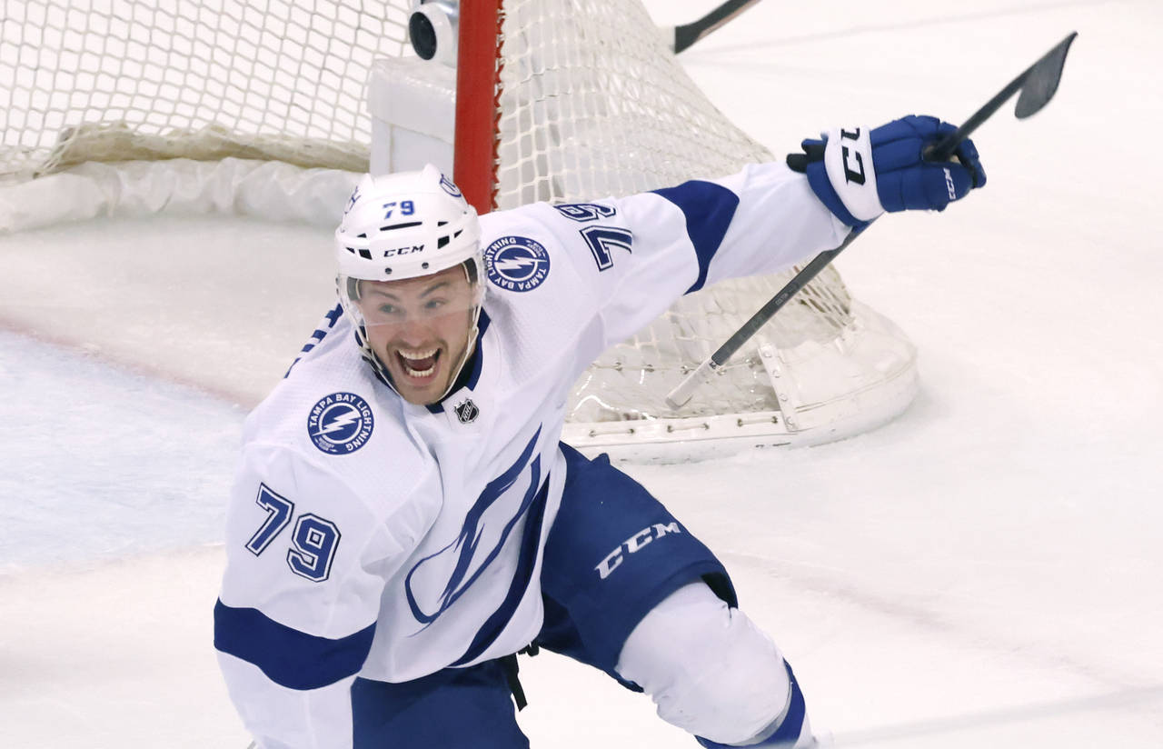 Tampa Bay Lightning center Ross Colton celebrates scoring against the Florida Panthers in the closi...