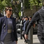 
              Rebekah Vardy wife of England soccer player Jamie Vardy arrives at the High Court in London, Thursday, May 12, 2022. A trial involving a social media dispute between two soccer spouses has opened in London. Rebekah Vardy sued for libel after Coleen Rooney accused her of sharing her private social media posts with The Sun newspaper. (AP Photo/Alastair Grant)
            