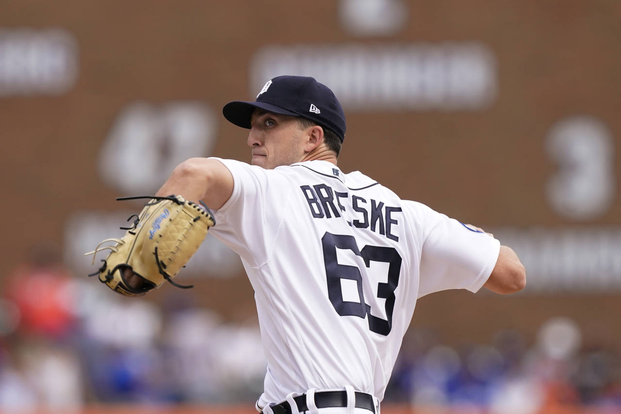 Detroit Tigers starting pitcher Beau Brieske throws during the first inning of a baseball game agai...
