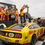 
              Joey Logano celebrates after winning a NASCAR Cup Series auto race at World Wide Technology Raceway, Sunday, June 5, 2022, in Madison, Ill. (AP Photo/Jeff Roberson)
            