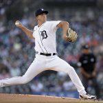
              Detroit Tigers pitcher Beau Brieske throws against the Texas Rangers in the first inning of a baseball game in Detroit, Thursday, June 16, 2022. (AP Photo/Paul Sancya)
            