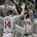 
              Atlanta Braves' Dansby Swanson, right, celebrates his two-run home run with teammate Adam Duvall (14) during the sixth inning of a baseball game against the Washington Nationals, Monday, June 13, 2022, in Washington. (AP Photo/Luis M. Alvarez)
            