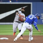 
              Baltimore Orioles' Rougned Odor, left, forces out Toronto Blue Jays' Lourdes Gurriel Jr., right, and throws to first base to complete a double play in the fourth inning of a baseball game in Toronto, Monday, June 13, 2022. (Jon Blacker/The Canadian Press via AP)
            