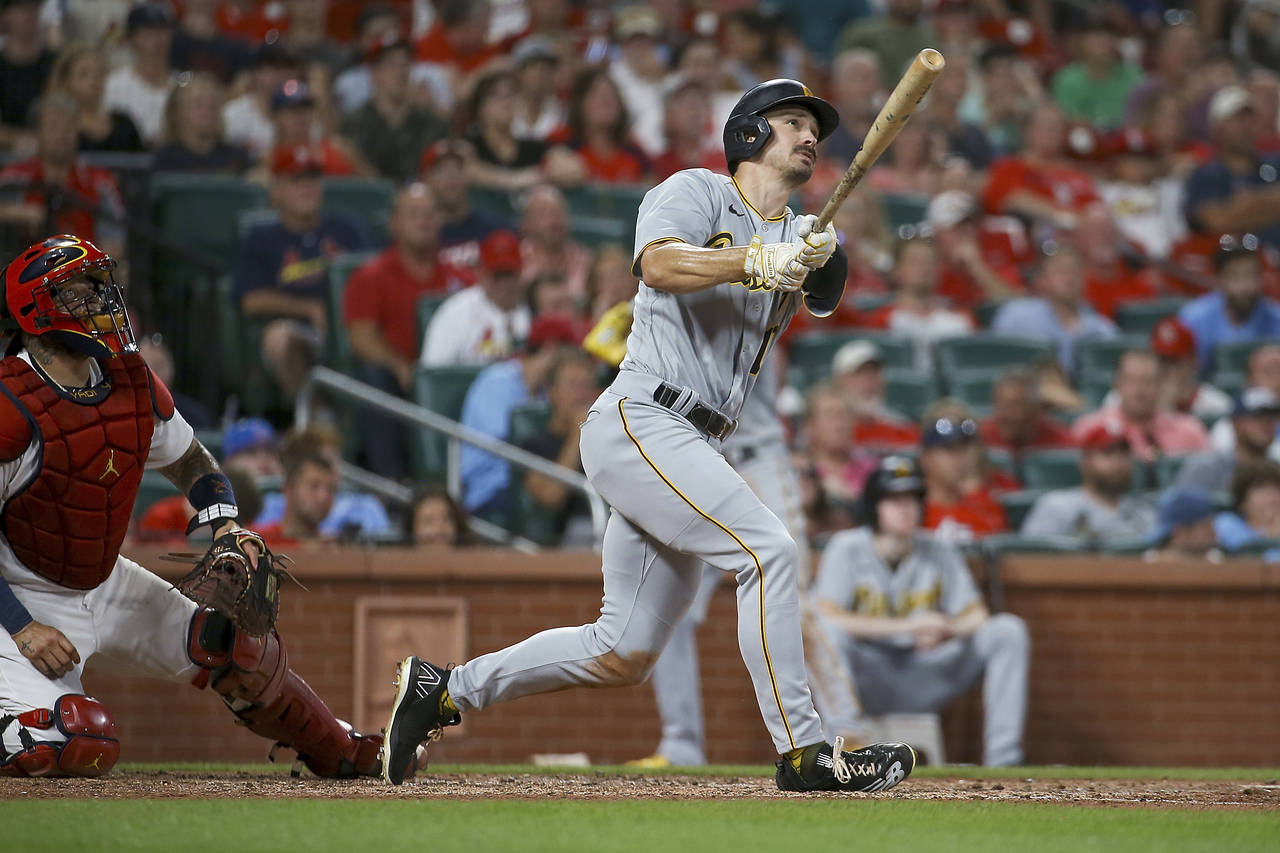 Pittsburgh Pirates' Bryan Reynolds watches his two-run home run against the St. Louis Cardinals dur...