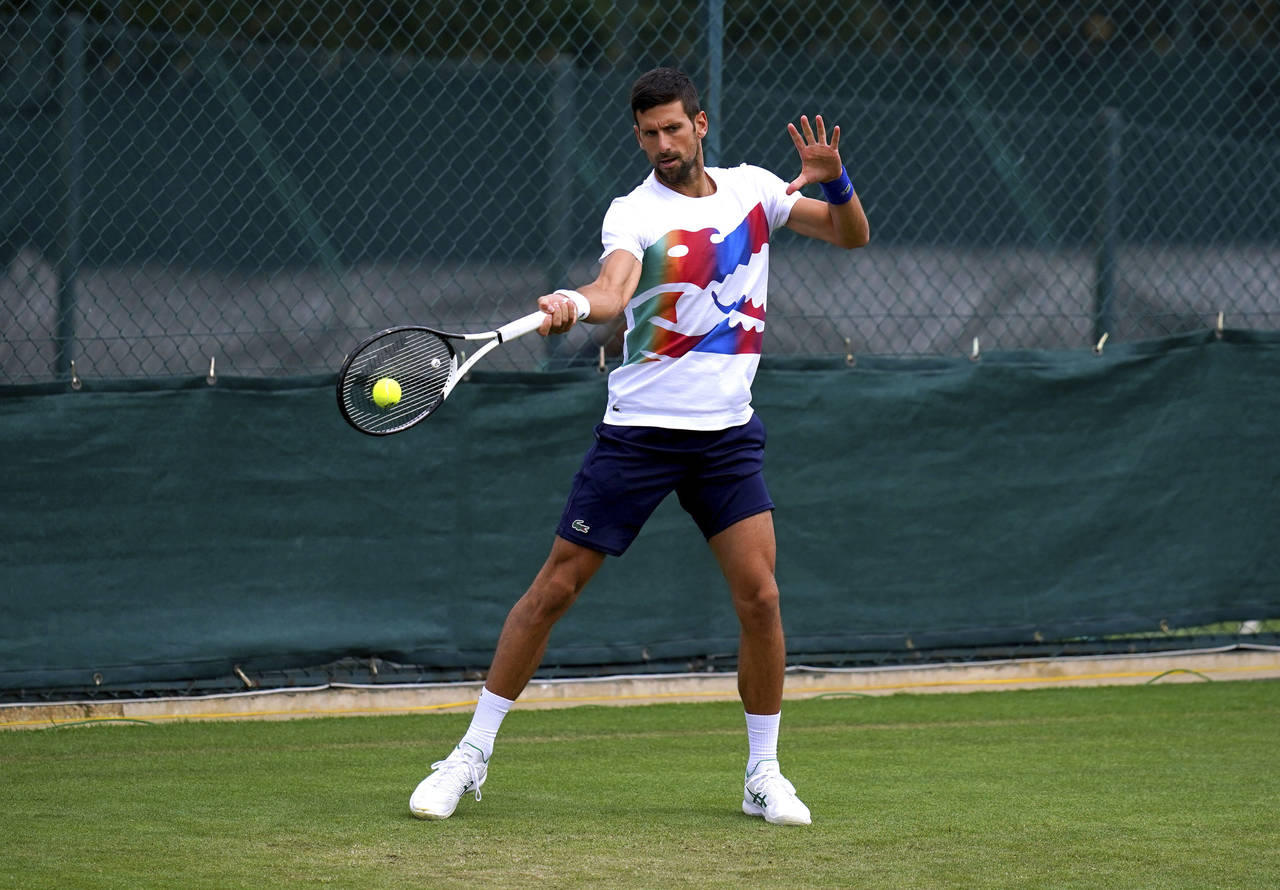 Novak Djokovic during a practice session ahead of the 2022 Wimbledon Championship at the All Englan...