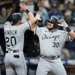 
              Chicago White Sox's Jake Burger (30) celebrates his two-run home run off Tampa Bay Rays relief pitcher Jalen Beeks with Danny Mendick (20) during the eighth inning of a baseball game Saturday, June 4, 2022, in St. Petersburg, Fla. (AP Photo/Chris O'Meara)
            