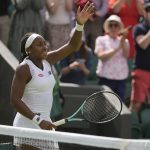 
              Coco Gauff of the US celebrates defeating Romania's Elena-Gabriela Ruse in a singles tennis match on day two of the Wimbledon tennis championships in London, Tuesday, June 28, 2022. (AP Photo/Alastair Grant)
            