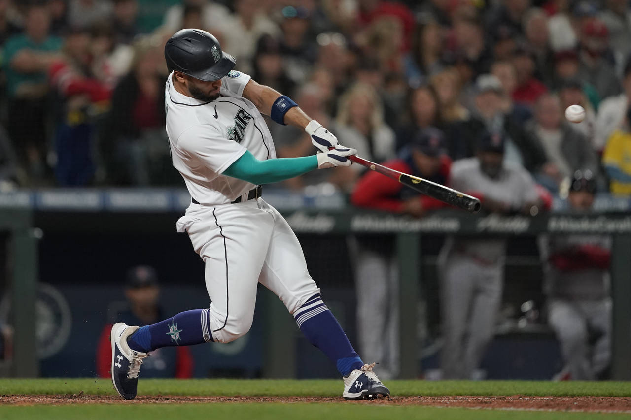 Seattle Mariners' Abraham Toro hits an RBI-double during the seventh inning of the team's baseball ...