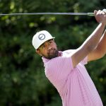 
              Tony Finau, of the United States, hits his tee shot on the 17th hole during round three of the Canadian Open golf tournament at St. George's Golf and Country Club in Toronto, Saturday, June 11, 2022. (Nathan Denette/The Canadian Press via AP)
            