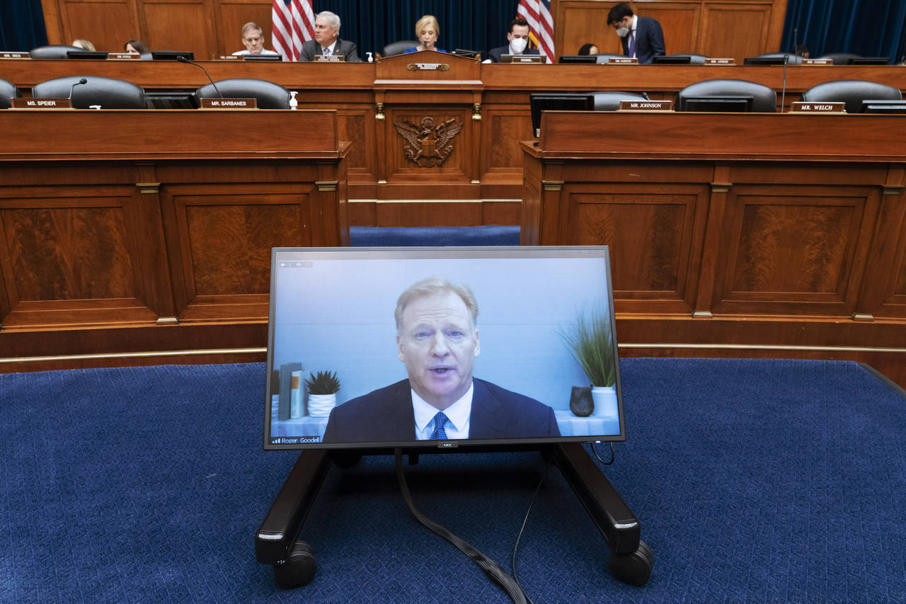 NFL Commissioner Roger Goodell testifies virtually, Wednesday, June 22, 2022, during a Hous​e Ove...