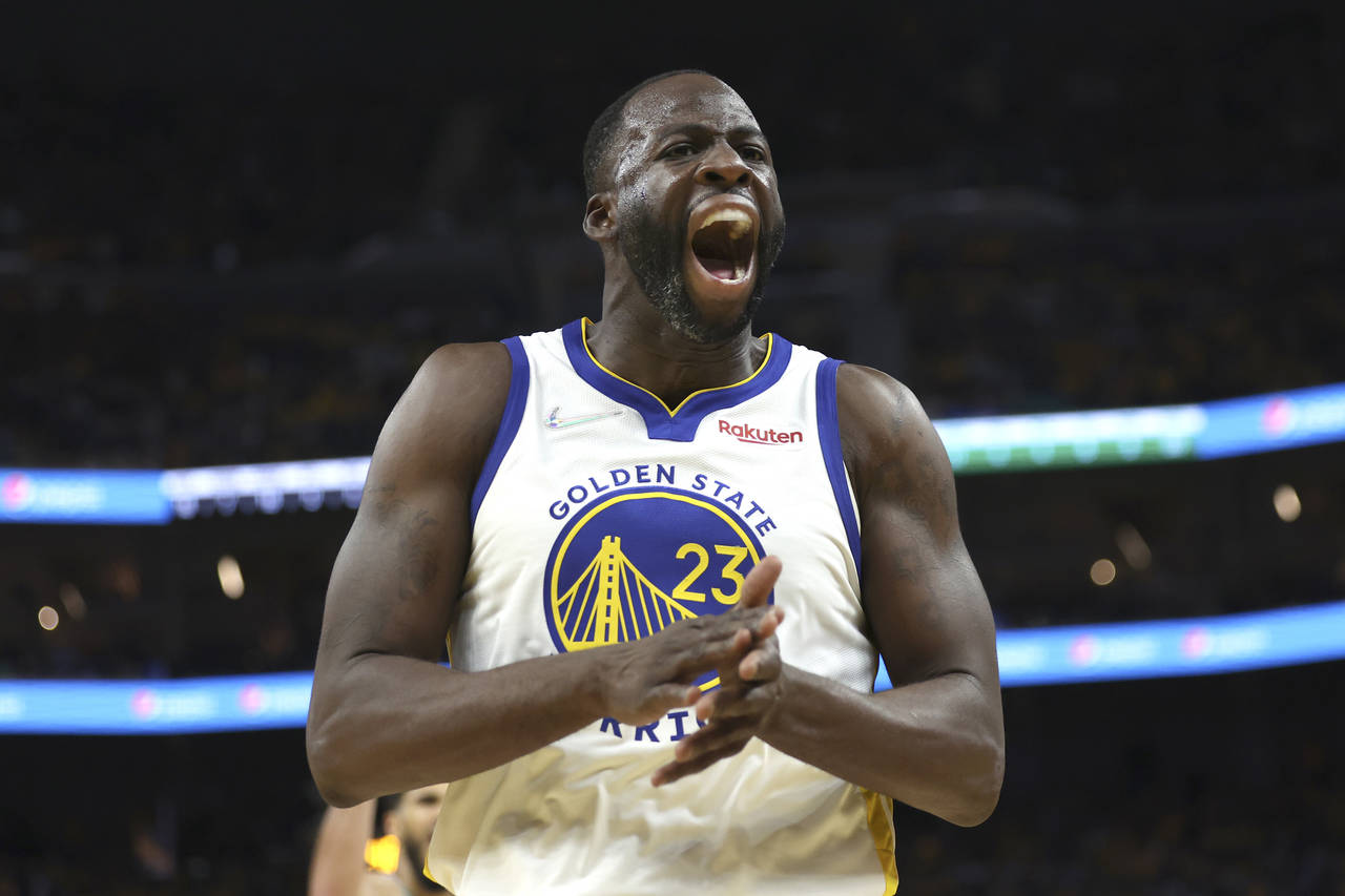 Golden State Warriors forward Draymond Green (23) reacts during the second half of Game 1 of basket...