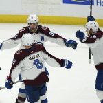 
              Colorado Avalanche right wing Mikko Rantanen (96), center Nathan MacKinnon (29) and defenseman Cale Makar (8) celebrate after the goal by teammate Gabriel Landeskog during the second period of Game 4 of the NHL hockey Stanley Cup Finals against the Tampa Bay Lightning on Wednesday, June 22, 2022, in Tampa, Fla. (AP Photo/John Bazemore)
            