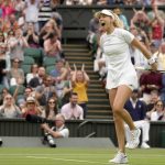 
              Britain's Katie Boulter celebrates after beating Karolina Pliskova of the Czech Republic in a second round women's singles match on day four of the Wimbledon tennis championships in London, Thursday, June 30, 2022. (AP Photo/Kirsty Wigglesworth)
            