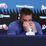 
              Los Angeles Dodgers' Freddie Freeman, formerly of the Atlanta Braves, becomes emotional during a pregame baseball news conference before taking on his former team, Friday, June 24, 2022, in Atlanta. (Curtis Compton/Atlanta Journal-Constitution via AP)
            