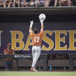 
              Texas' Ivan Melendez gestures to the crowd after his home run during the first inning of an NCAA college super regional baseball game against East Carolina on Sunday, June 12, 2022, in Greenville, N.C. (AP Photo/Matt Kelley)
            
