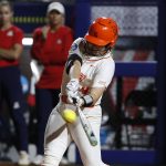 
              Oklahoma State's Karli Petty (14) hits a home run in the sixth inning of the team's NCAA softball Women's College World Series game against Arizona on Thursday, June 2, 2022, in Oklahoma City. (AP Photo/Alonzo Adams)
            