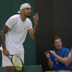 
              Australia's Nick Kyrgios complains about an umpire decision during the singles tennis match against Britain's Paul Jubb on day two of the Wimbledon tennis championships in London, Tuesday, June 28, 2022. (AP Photo/Kirsty Wigglesworth)
            