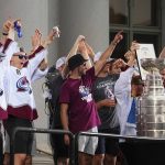 
              Members of the Colorado Avalanche cheer during a Stanley Cup hockey champions rally Thursday, June 30, 2022, in Denver. (AP Photo/Jack Dempsey)
            