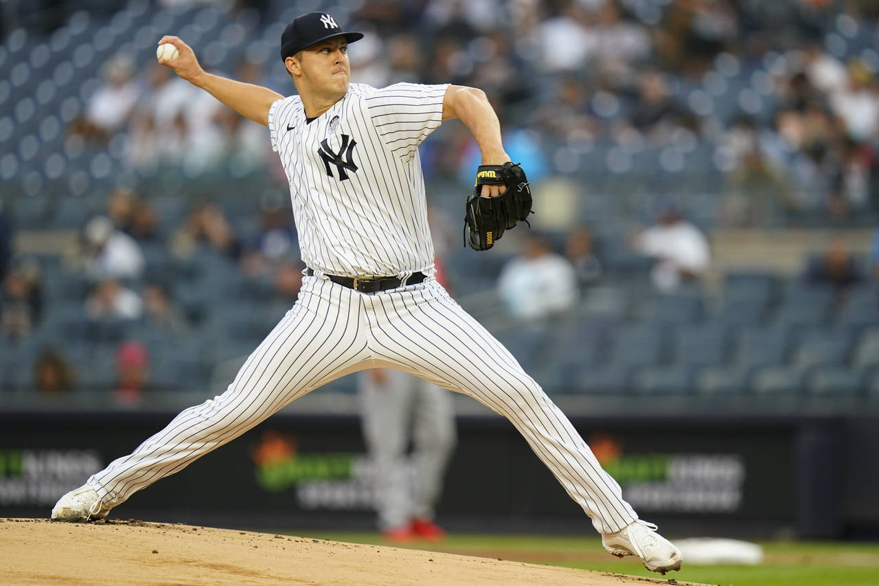 New York Yankees' Jameson Taillon pitches during the first inning in the second baseball game of th...