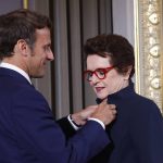 
              French President Emmanuel Macron awards tennis legend Billie Jean King, of the U.S, with the Legion d'Honneur at the Elysee Palace Friday, June 3, 2022 in Paris. A ceremony Thursday at the Roland Garros stadium marked the 50th anniversary of her French Open win.(AP Photo/Jean-Francois Badias, Pool)
            
