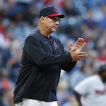 
              Cleveland Guardians manager Terry Francona walks to the mound to make a pitching change during the fifth inning of the team's baseball game against the Minnesota Twins in the second baseball game of a doubleheader, Tuesday, June 28, 2022, in Cleveland. (AP Photo/Ron Schwane)
            