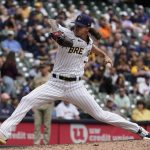 
              Milwaukee Brewers' Josh Hader throws during the ninth inning of a baseball game against the San Diego Padres Sunday, June 5, 2022, in Milwaukee. (AP Photo/Morry Gash)
            